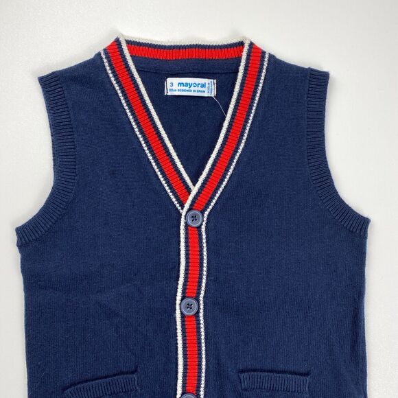 Mayoral Boys Wool Blend Navy Preppy Knit Button Sweater Vest Sz 3 NWT Style 4320 - Picture 2 of 10